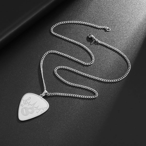 Polished stainless steel guitar pick pendant necklace with musical notes engraving for men