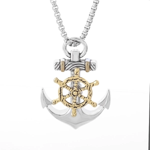 Vintage nautical anchor and ship wheel pendant necklace in silver and gold dual-tone finish