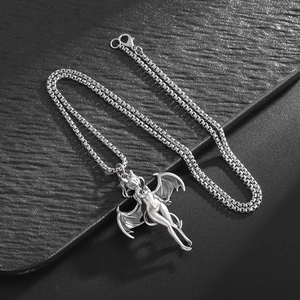Gothic bat girl pendant necklace with vintage silver finish and wings for women