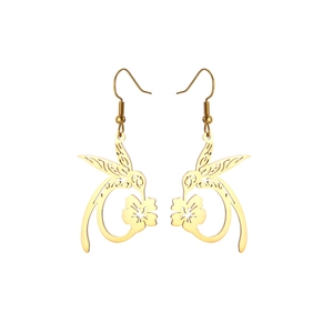 Detail of gold hollow hummingbird and flower drop earrings in polished stainless steel