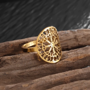 Polished gold stainless steel Viking snowflake ring with hollow geometric pattern