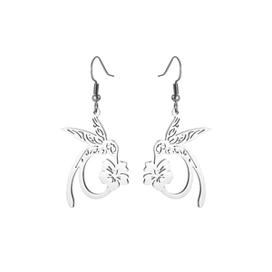 Fashionable stainless steel hummingbird flower drop earrings with hollow design