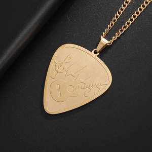 Golden stainless steel guitar pick necklace with heart rhythm and treble clef engraving