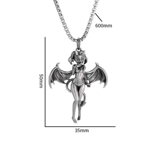 Detailed measurements of vintage bat girl pendant necklace showing 50mm height and 35mm width