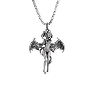 Vintage gothic demon girl pendant necklace in dark alloy style with box chain