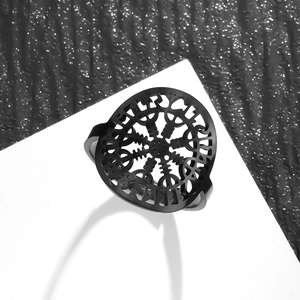Adjustable black stainless steel Viking compass ring with hollow rune pattern for men