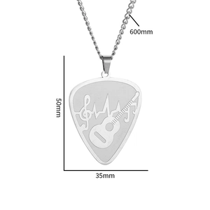 Detailed view of guitar pick pendant with heart and music notes showing 600mm chain length