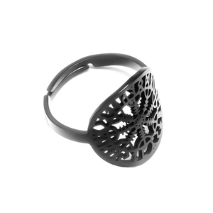 Detailed view of black Viking Vegvisir compass ring with adjustable open band design