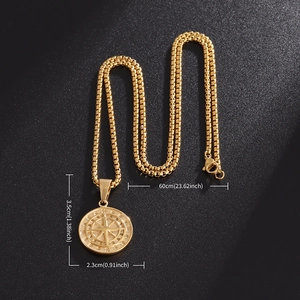 Golden compass pendant necklace with box chain, 3.5cm charm on 60cm stainless steel chain