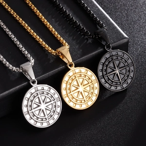 Stainless Steel Compass Pendant Necklace For Men Women Vintage Nautical Star Round Pendant Gold Silver Black Jewelry Gift