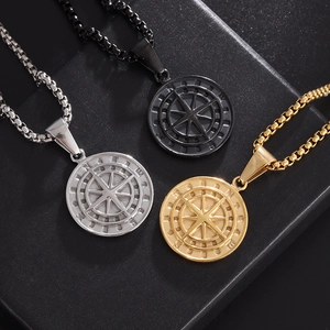 Vintage stainless steel compass pendant necklace in silver, gold and black with box chain