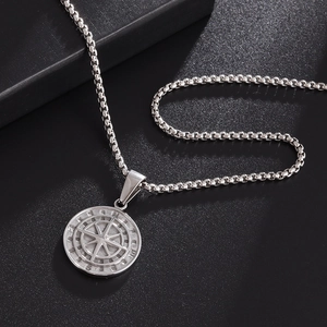 Compass pendant necklace in silver stainless steel with box chain for men and women