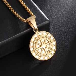 Vintage gold compass necklace in stainless steel with a classic square box chain link