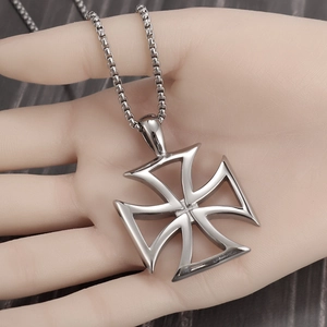 Gothic hollow iron cross pendant necklace in silver finish with metal box chain