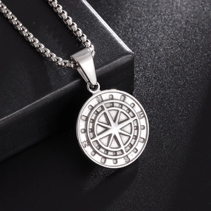 Vintage stainless steel compass pendant necklace with N/E/S/W engraving for men and women
