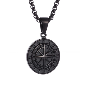 Close-up of black stainless steel compass pendant necklace with N/E/S/W engravings