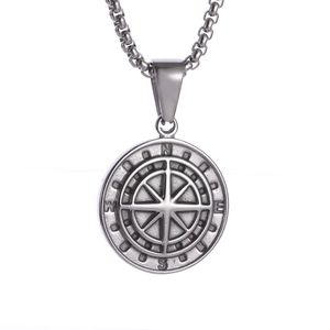 Retro stainless steel compass pendant necklace with north star and flat link chain