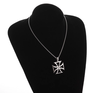 Polished silver hollow Maltese cross pendant necklace displayed on a black neck mannequin