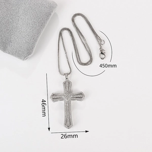 Detail view of silver cross necklace with 450mm chain and 46x26mm zircon pendant