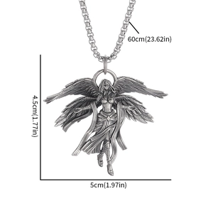 Vintage silver seraphim angel pendant necklace with detailed feathers and 60cm chain link