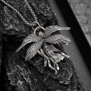 Detailed vintage four-winged angel pendant necklace with antique silver finish jewelry