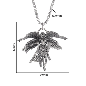 Detailed dimension view of vintage silver archangel pendant with 600mm box chain