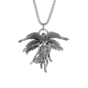 Retro goddess angel wing pendant with box chain made of vintage silver alloy