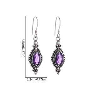 Vintage amethyst drop earrings with silver alloy filigree and size dimensions info