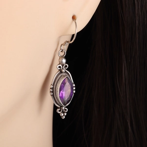 Bohemian Vintage Alloy Marquise Purple Gemstone Earrings With 925 Sterling Silver Earring Post For Women Ethnic Jewelry