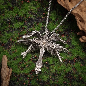Gothic retro angel wing cross pendant with square pearl chain on moss wood background