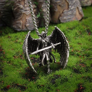 Archangel Michael Wings Sword Alloy Pendant Necklace Gothic Retro Antique Silver Jewelry For Men Women Daily Accessory