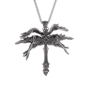 Retro gothic silver seraphim wing cross necklace with detailed oxidized finish and chain