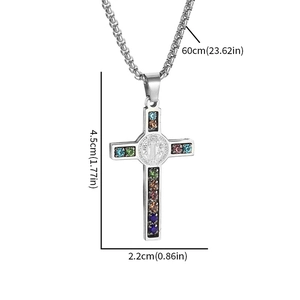 Classic stainless steel cross necklace with colorful zircon and St. Benedict medal