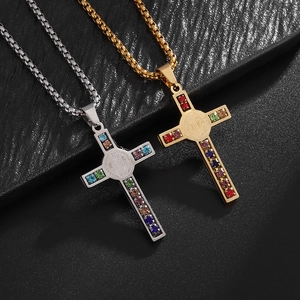 Stainless Steel Cross Necklace Rainbow Zirconia St Benedict Medal Religious Vintage Pendant Jewelry For Men Women Gift