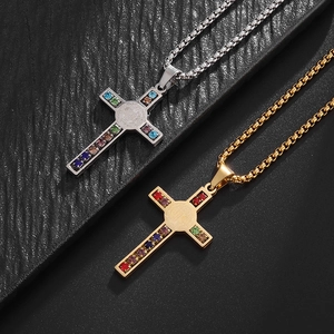 Classic cross pendant necklace with colorful cubic zirconia stones and box chains in gold and silver