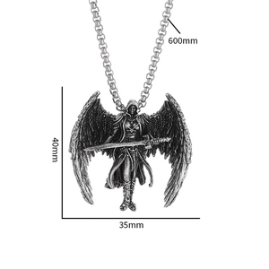 Detailed size chart of vintage Saint Michael archangel pendant with 600mm chain