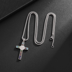 Classic stainless steel cross pendant necklace with colorful cubic zirconia on box chain