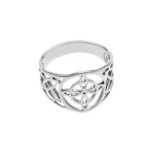 Vintage silver stainless steel Celtic knot ring with hollow geometric cutout design