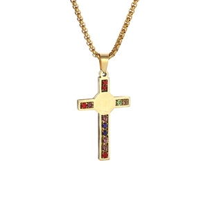 Gold stainless steel cross necklace with colorful zircon stones and holy medal
