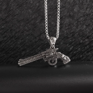 Collar Con Colgante de Pistola Revólver de Aleación Retro para Hombre Mujer Punk Gótico Calavera Grabada Cadena de Caja Joyería