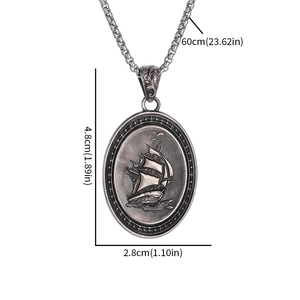 Vintage silver pirate ship oval pendant necklace with detailed galley ship relief on box chain
