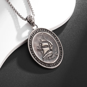 Retro pirate ship pendant necklace in silver alloy with detailed sailing boat relief
