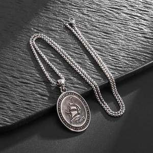 Vintage silver pirate ship oval pendant necklace with a robust pearl chain for men