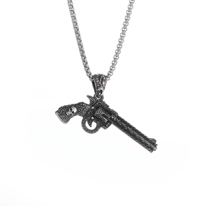 Collar con colgante de revólver y calavera vintage en plata con cadena de caja estilo punk