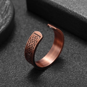 Vintage copper Celtic knot embossed open ring with adjustable wide band and rustic finish