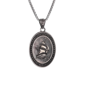 Retro silver pirate ship pendant necklace with detailed sailboat relief on a sturdy chain