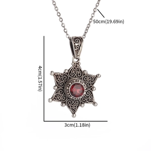 Collar hexagonal vintage de girasol con gema roja y medidas detalladas del producto