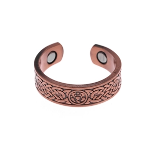 Adjustable copper magnetic therapy ring with Celtic knot patterns and brushed metal finish