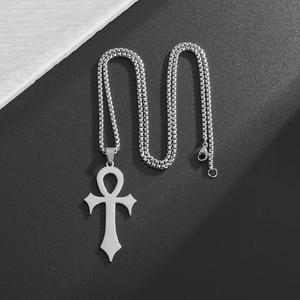 Punk style silver stainless steel Ankh cross pendant necklace with box chain