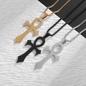 Polished stainless steel Ankh cross pendant necklaces in gold, black, and silver finishes